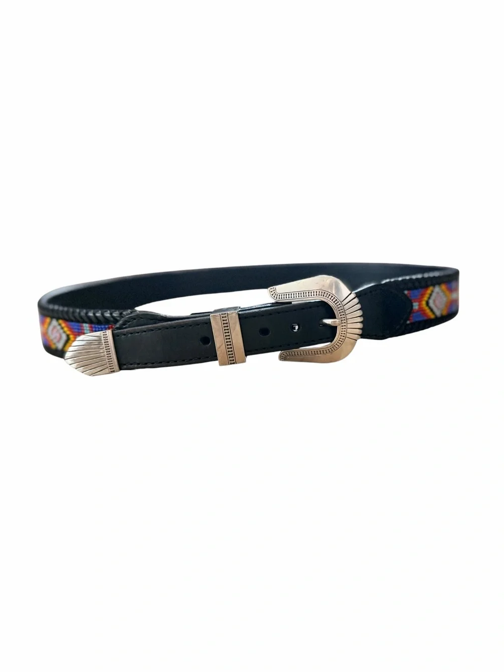 Vintage Leather Belt with Native American Beadwork Design 38 length